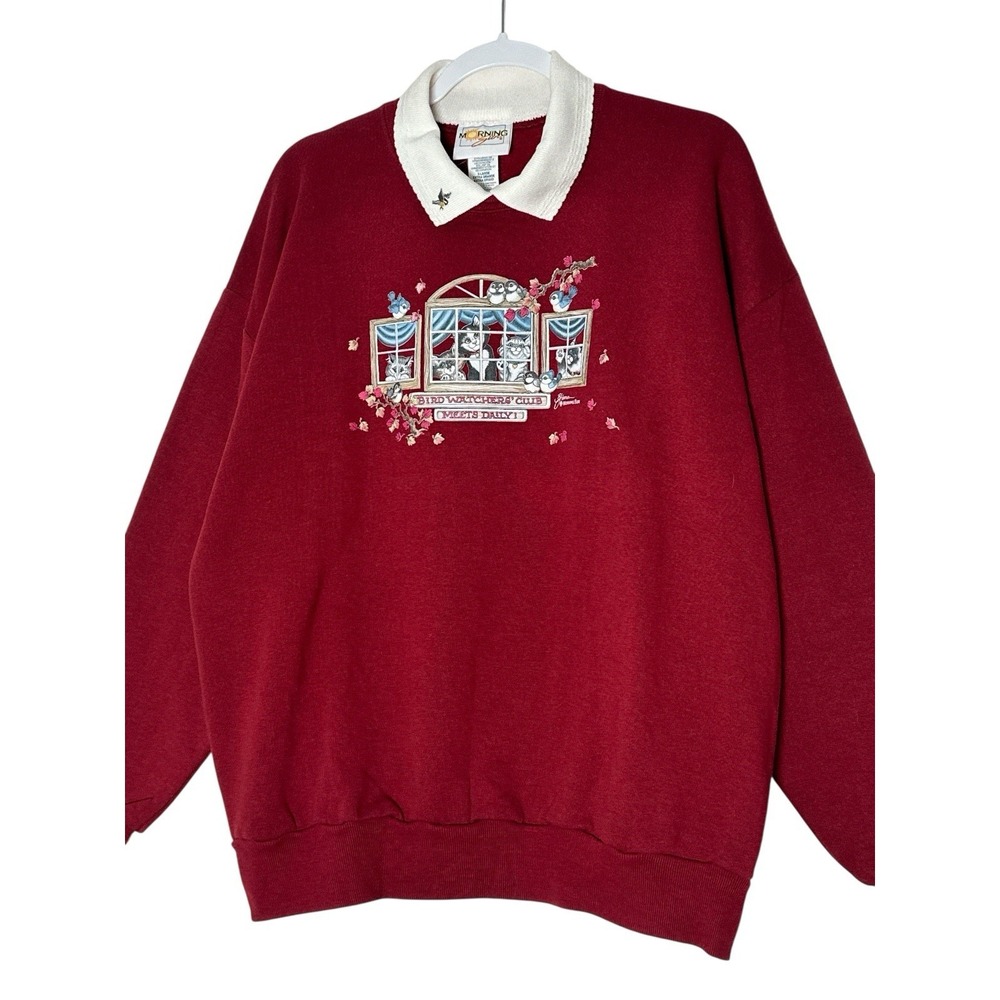 Morning Sun‎ Sweatshirt Women's XL Cats Birds Y2K Leaves Grandma Outdoor Cozy